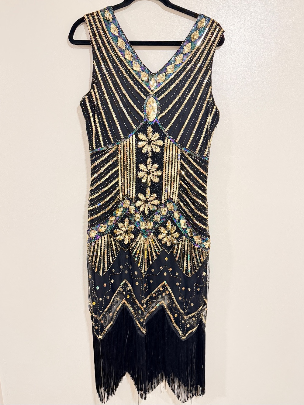 Great Gatsby Roaring 20's evening dress Black Gold Sequin Fringe Flapper Size XL
